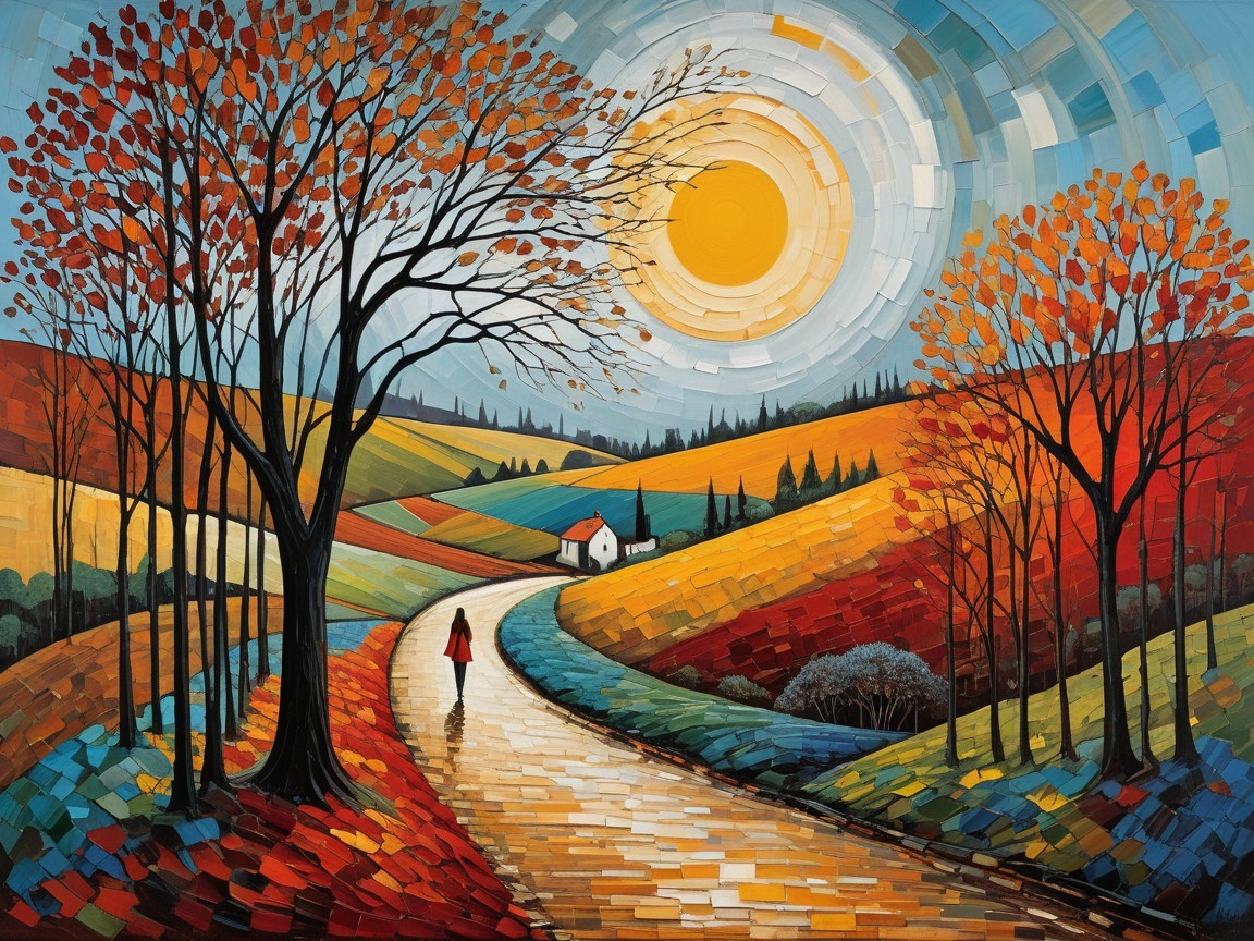 Autumn Landscape with Path, Trees, and Quaint House