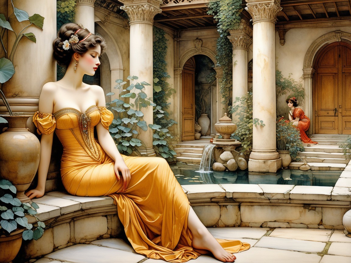 Woman in Golden Gown by Tranquil Pool and Fountain