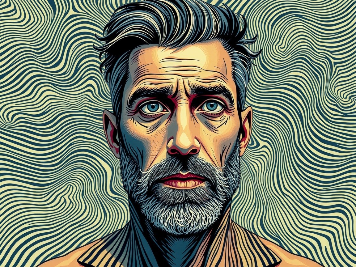 Close-up of a man with gray beard and abstract background