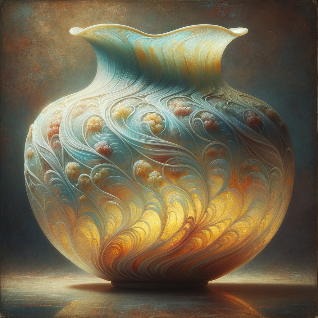 Ornate glass vase with internal glow and floral patterns