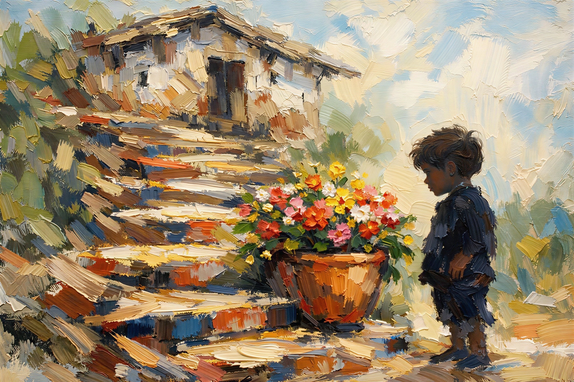 Young boy by clay pot on stone staircase scene