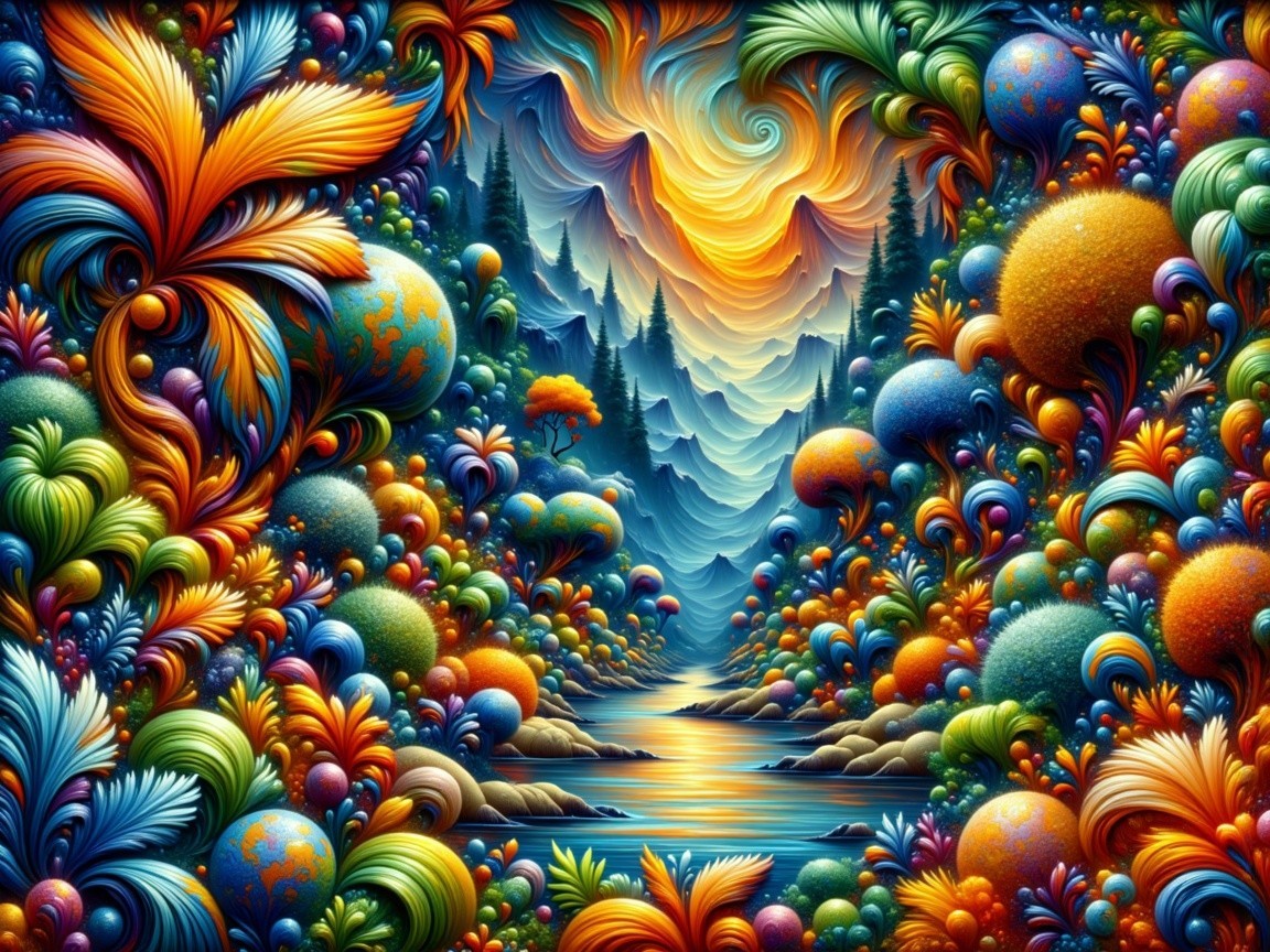 Vibrant Whimsical Landscape with Colorful Flora and River