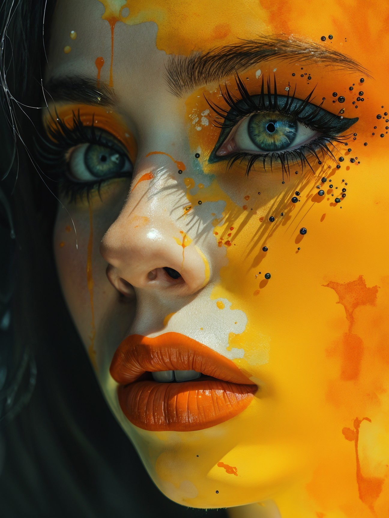 Close-up of a woman's face with colorful makeup details