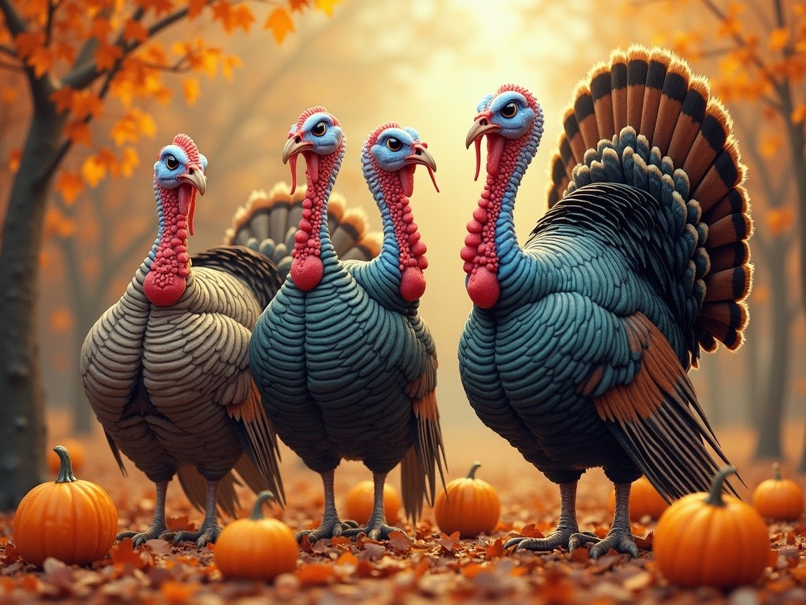 Colorful Turkeys in Autumn Harvest Setting