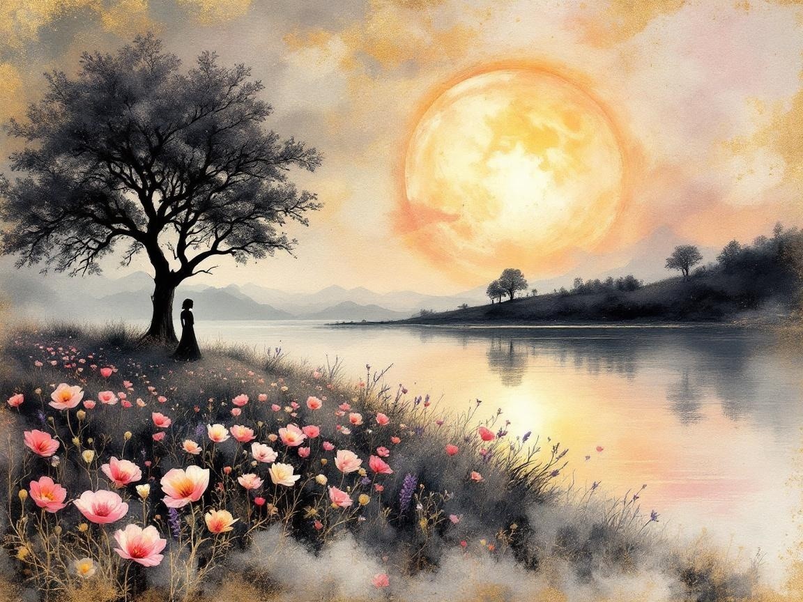 Serene Dusk Landscape with River and Wildflowers