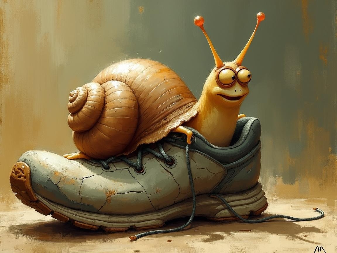 Whimsical Cartoon Snail in a Worn-Out Sneaker
