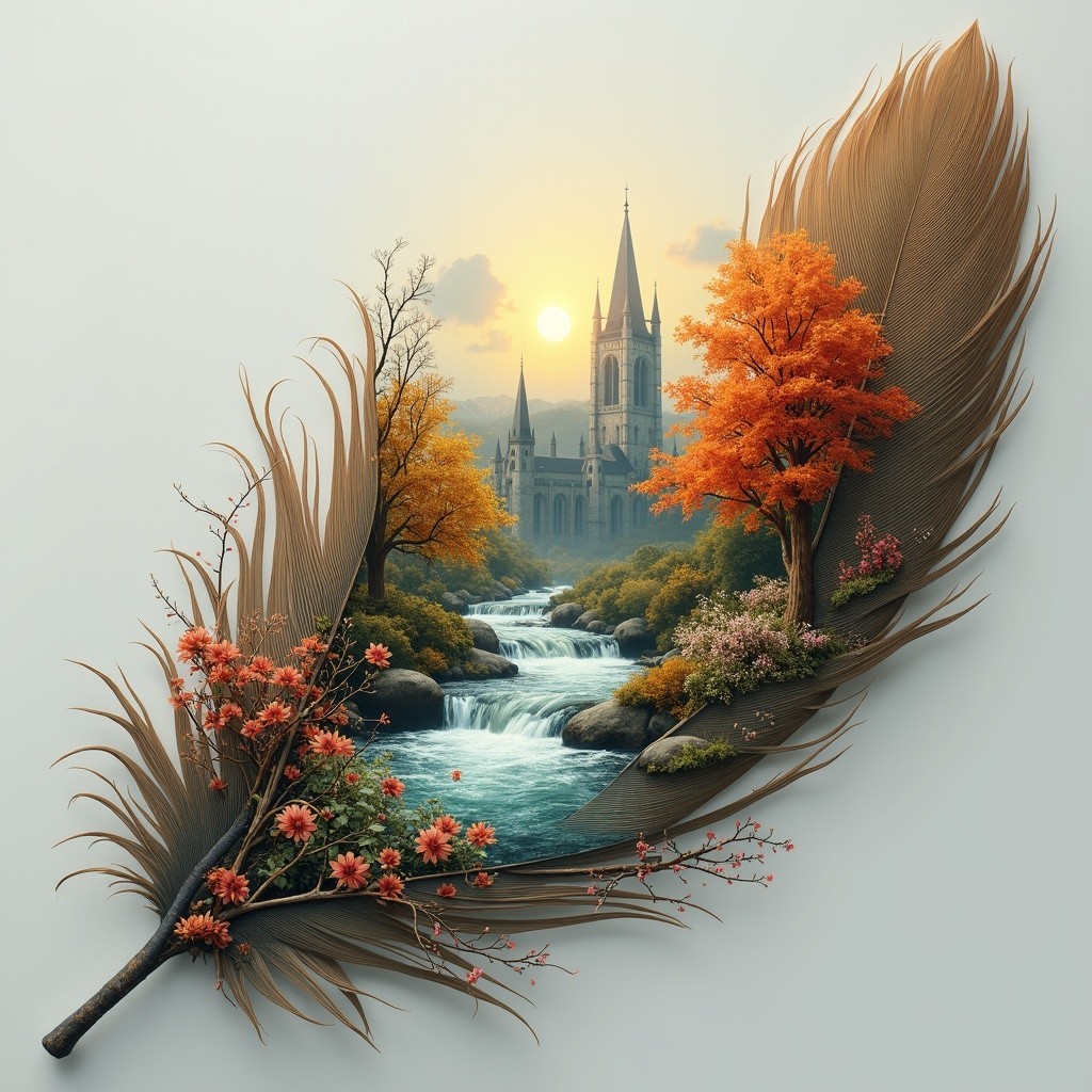 Detailed Feather Artwork with River and Castle Scene