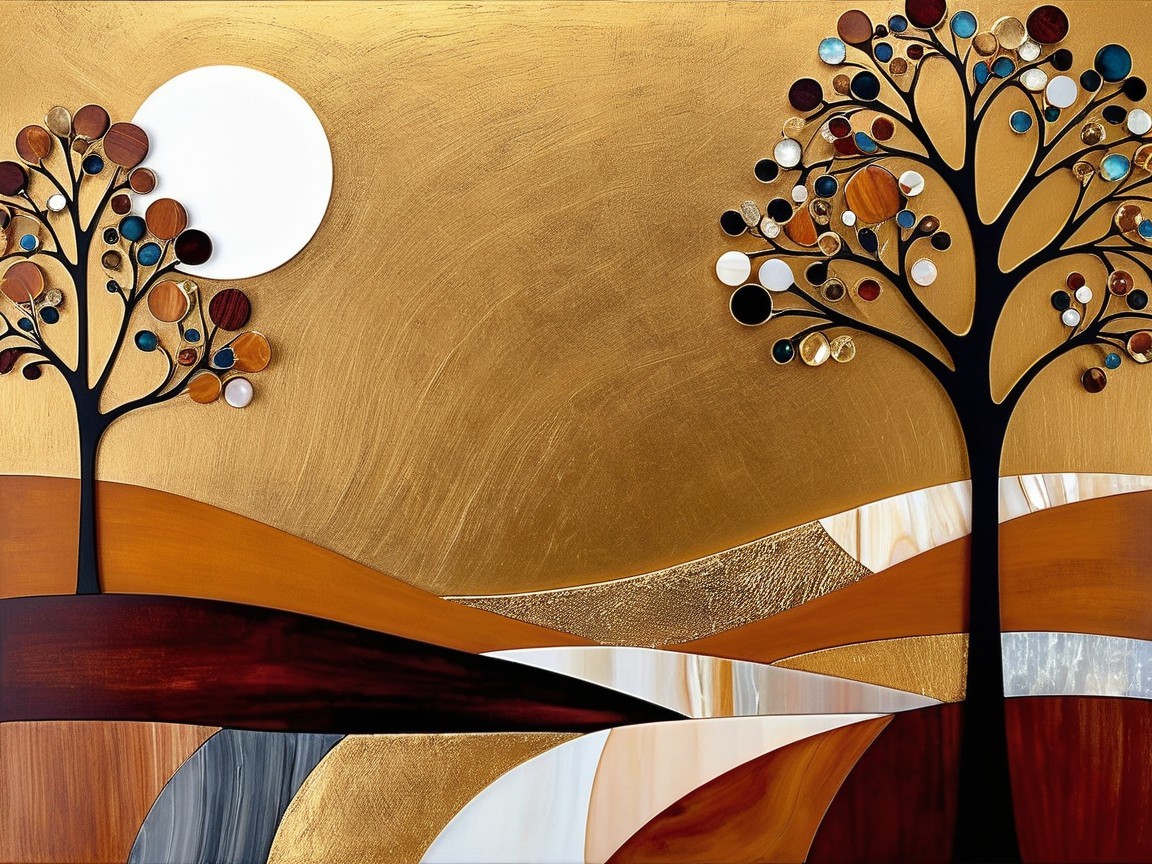 Serene landscape with stylized trees and golden background