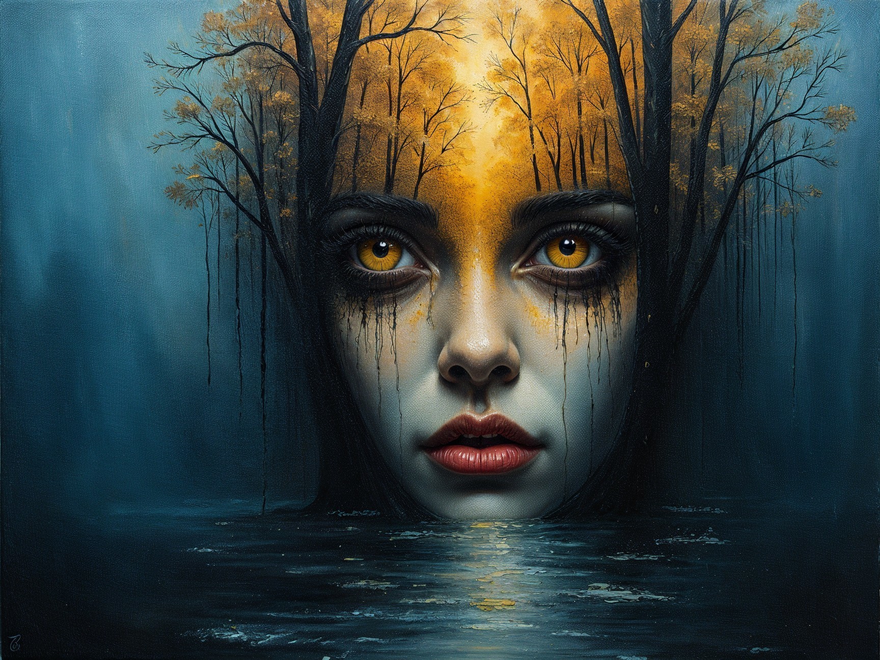Surreal Artwork of Woman's Face in Misty Landscape
