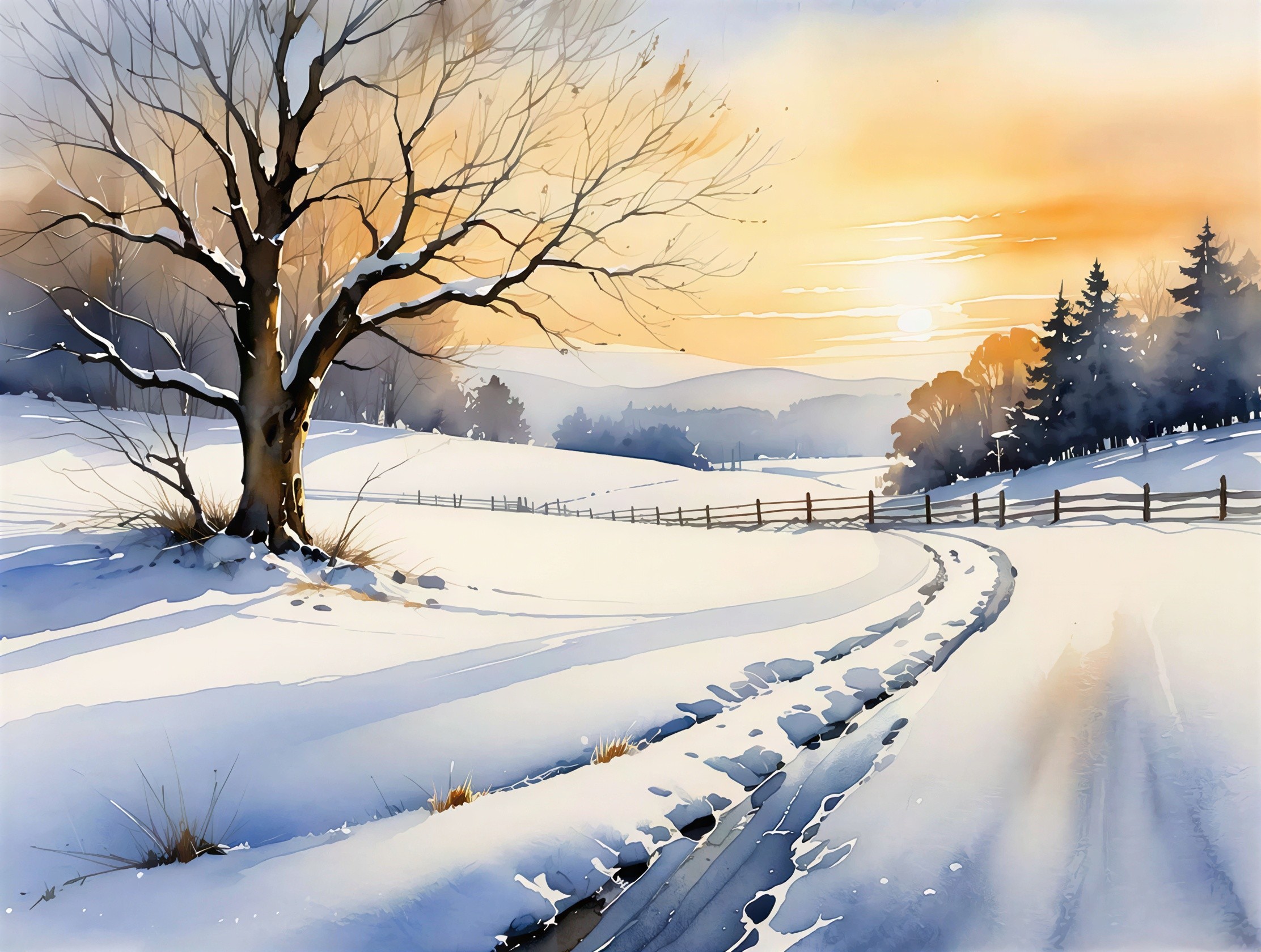Winter Landscape Watercolor with Snowy Tree and Hills