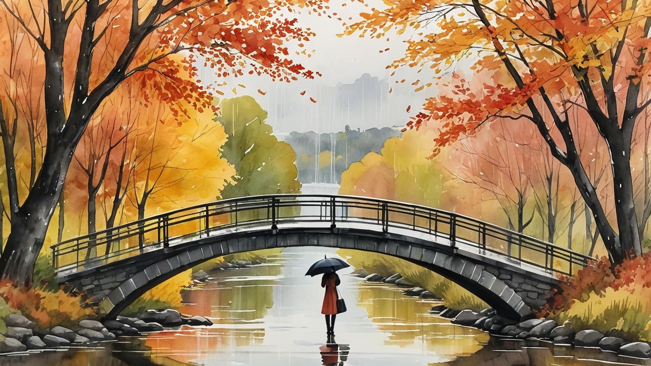 Autumn Scene with Umbrella on a Charming Bridge