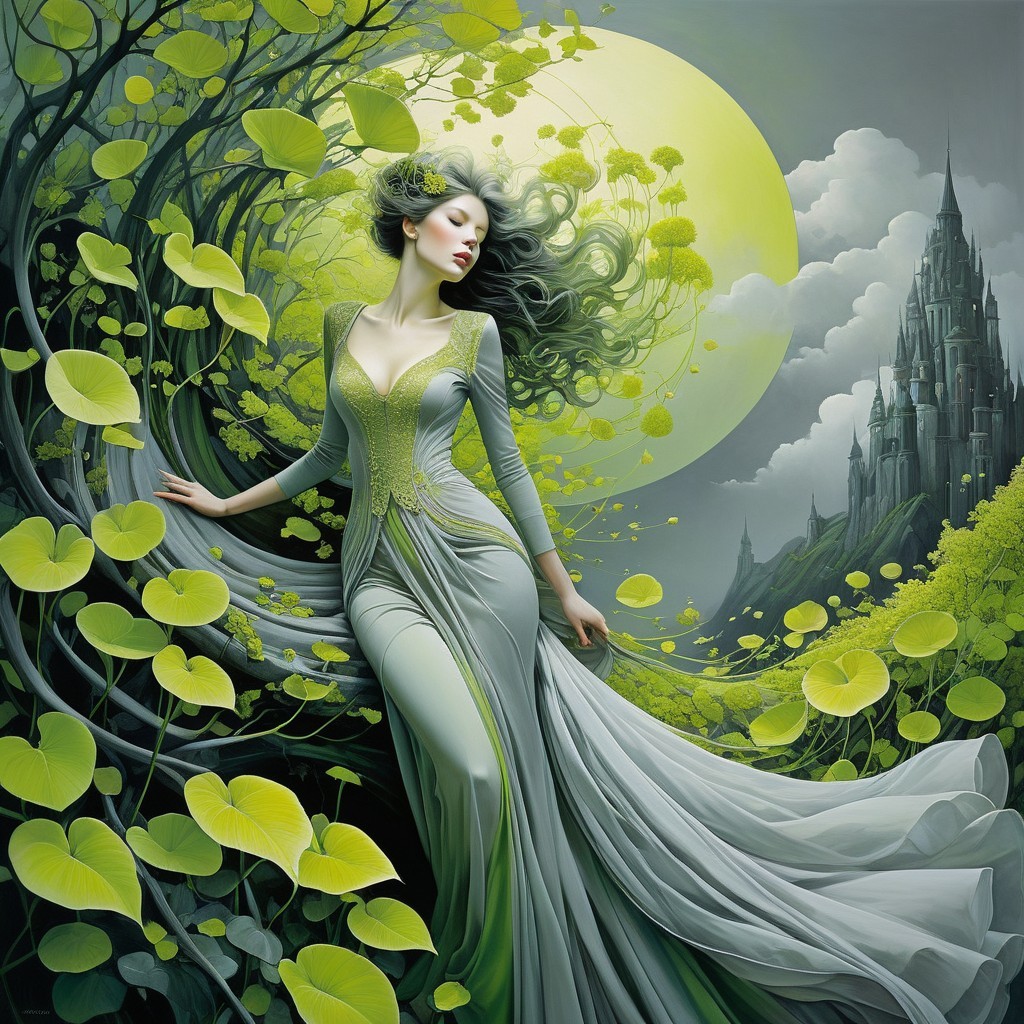 Serene figure in gray gown surrounded by lush foliage