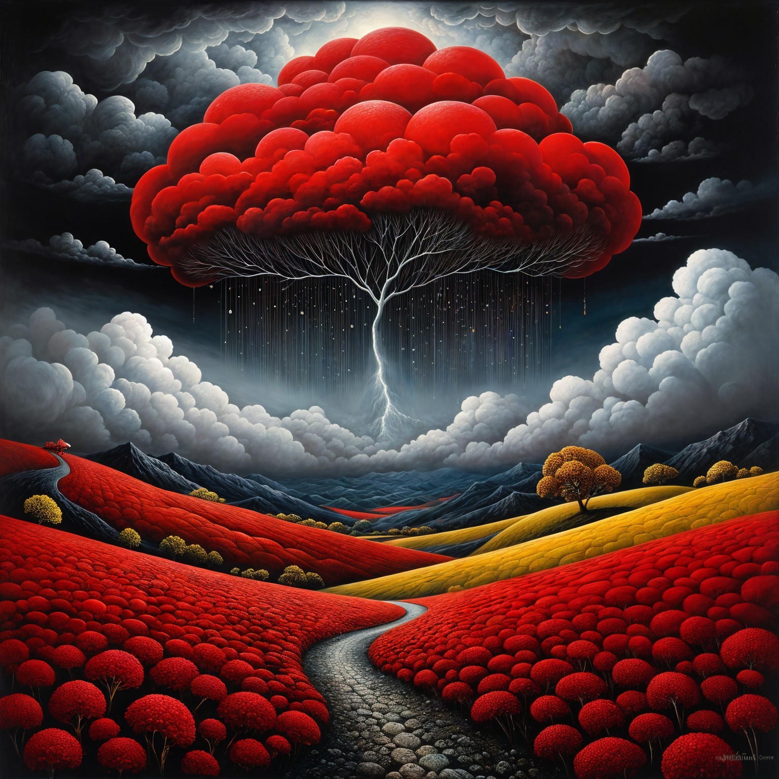 Surreal Landscape with Red Hills and Dramatic Sky