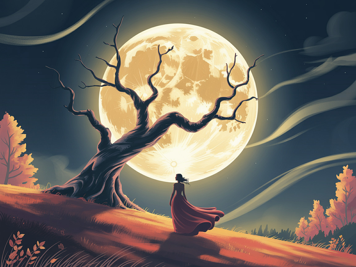 Silhouette of Woman in Red Dress Under Full Moon