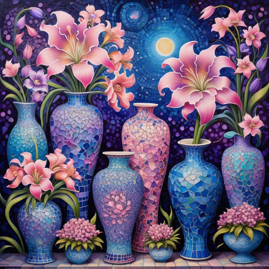 Vibrant Mosaic Vases with Flowers and Starry Sky