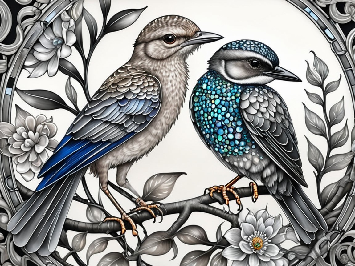 Stylized Birds on Branch with Floral Patterns