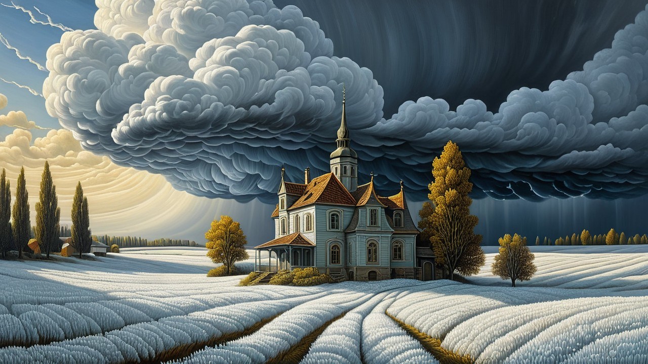 Ornate house in a field under dark storm clouds