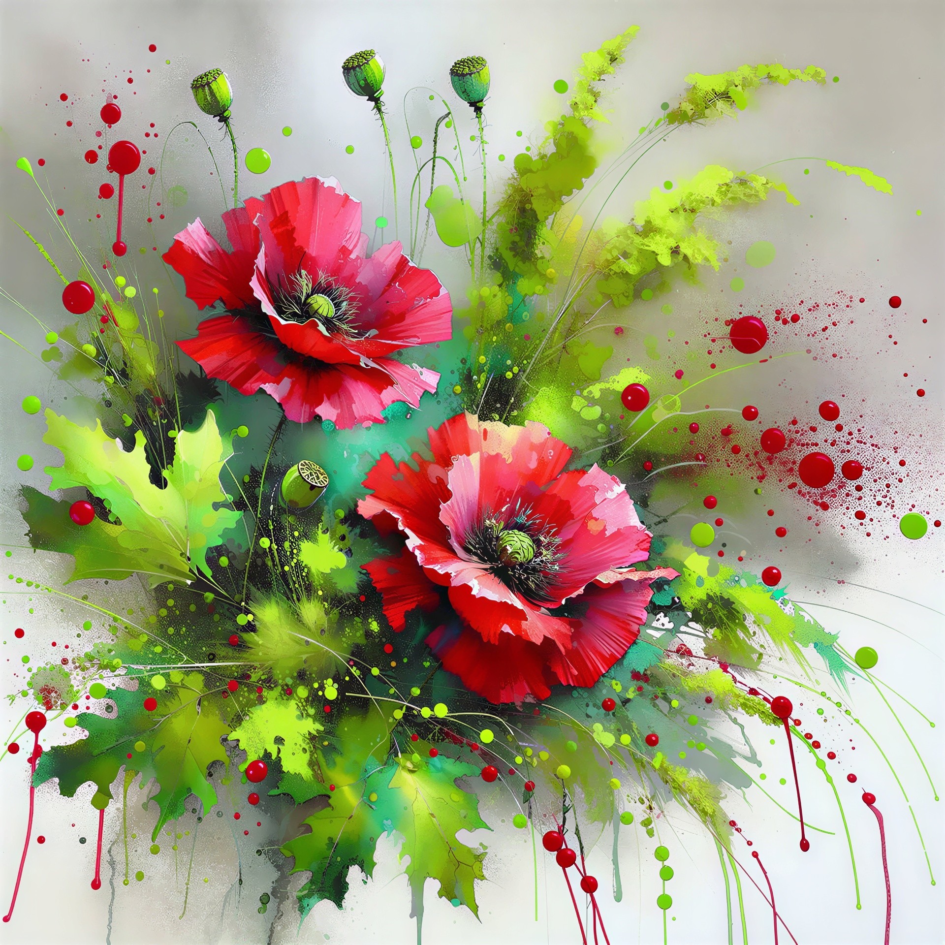 Vibrant Watercolor Painting of Red Poppies and Foliage