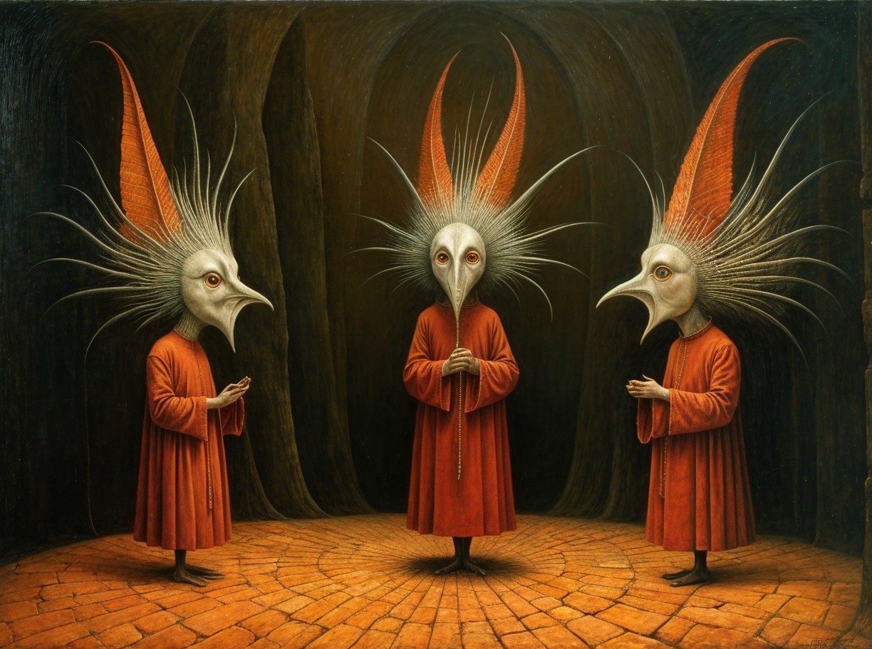 Three Figures in Red Robes with Bird-Like Heads