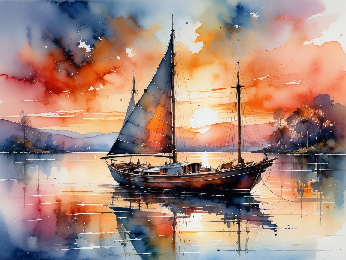 Watercolor Painting of Sailboat at Sunset
