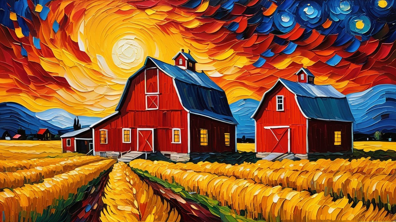 Vibrant Countryside Scene with Red Barns and Wheat Fields