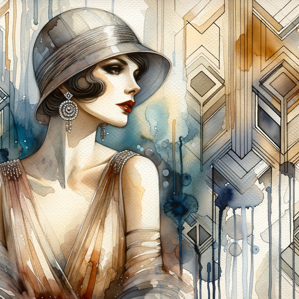 Art Deco Watercolor of Glamorous Woman in Cloche Hat