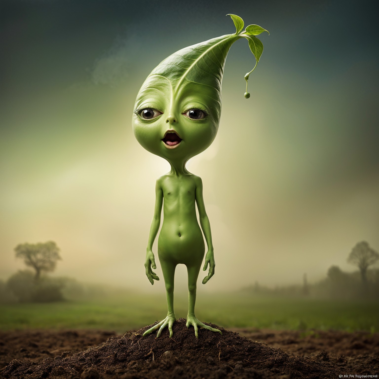 Whimsical Alien Character in Tranquil Landscape