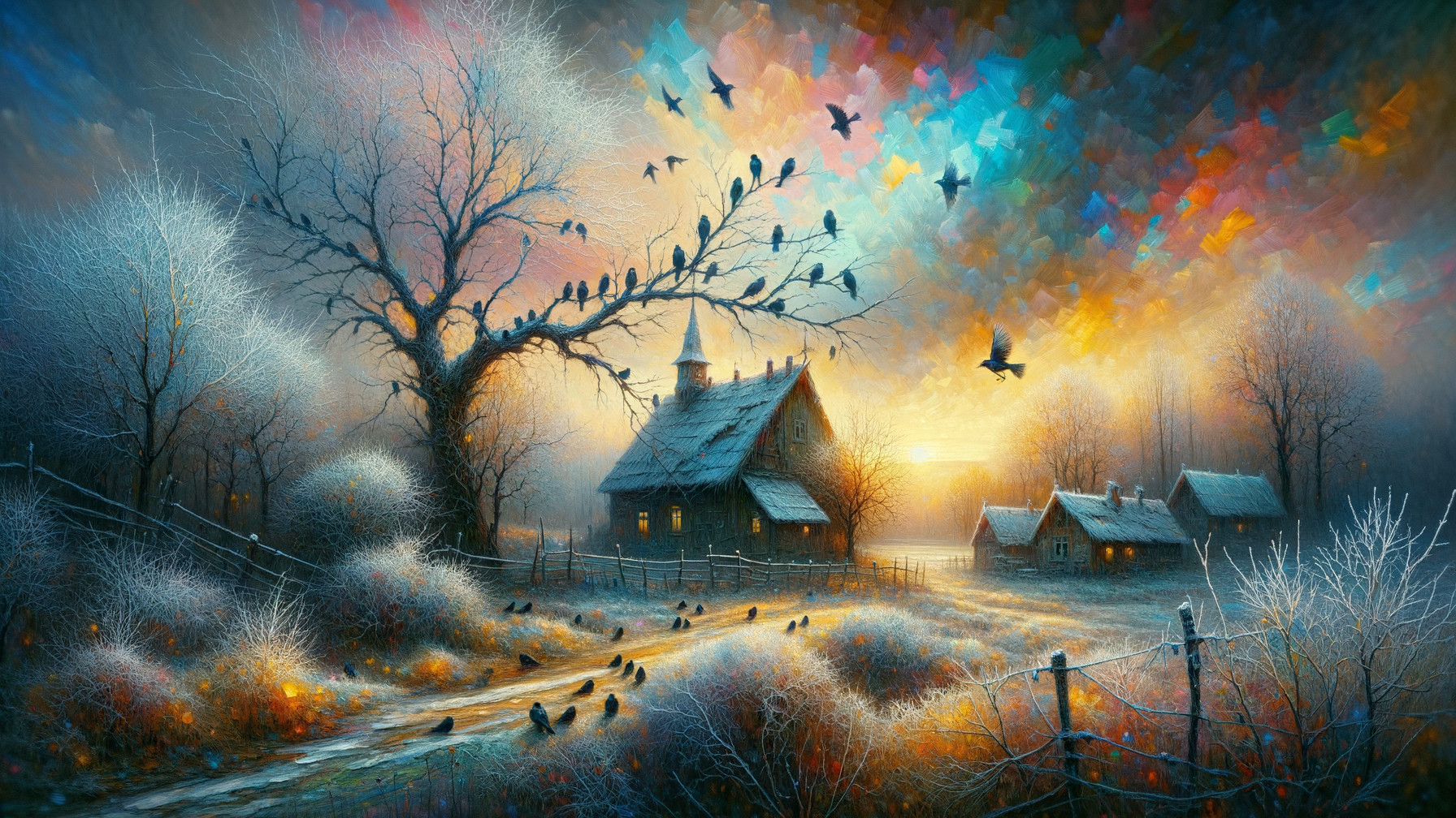 Frosty House in Winter Landscape at Dawn