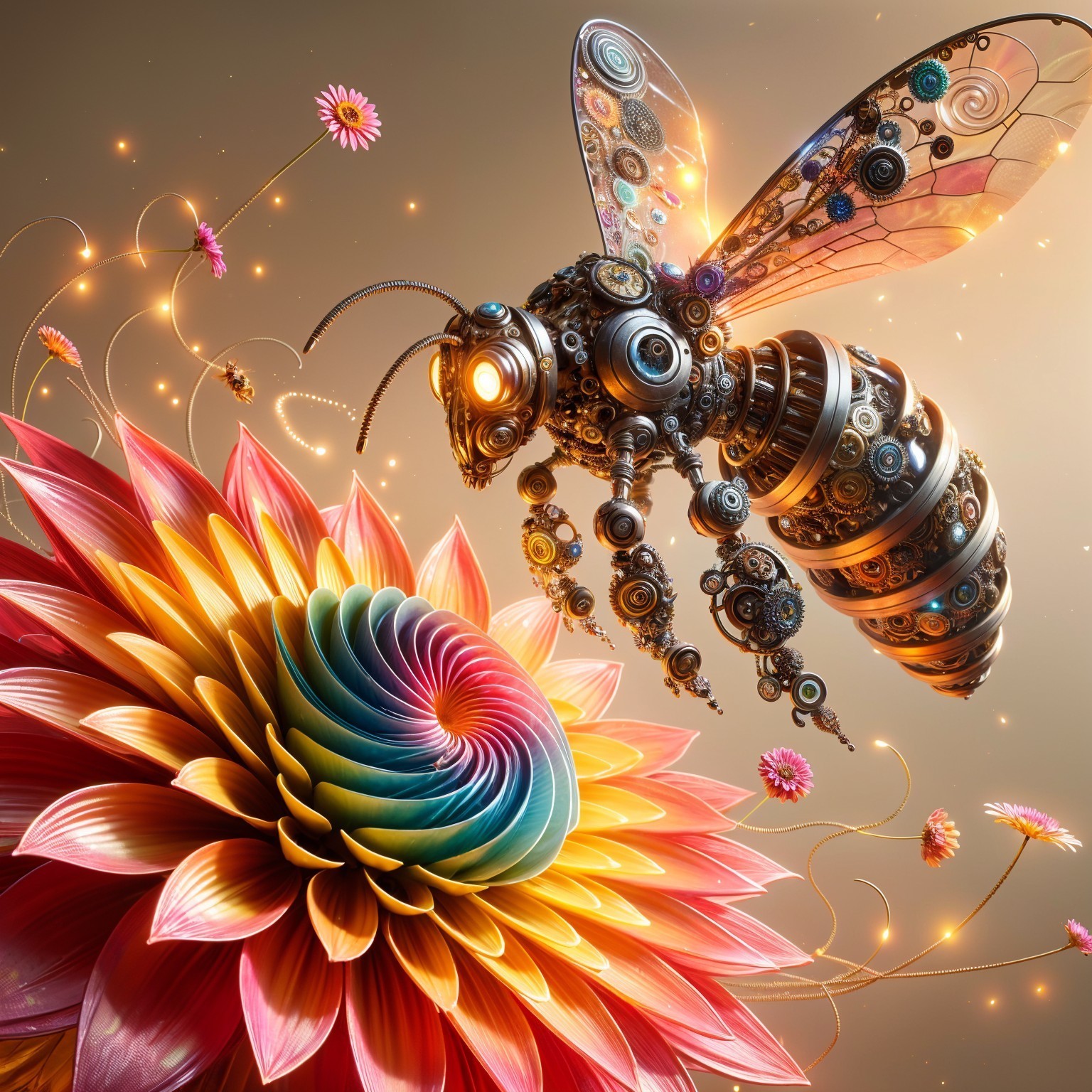 Surreal Scene of a Mechanical Bee and Colorful Flower