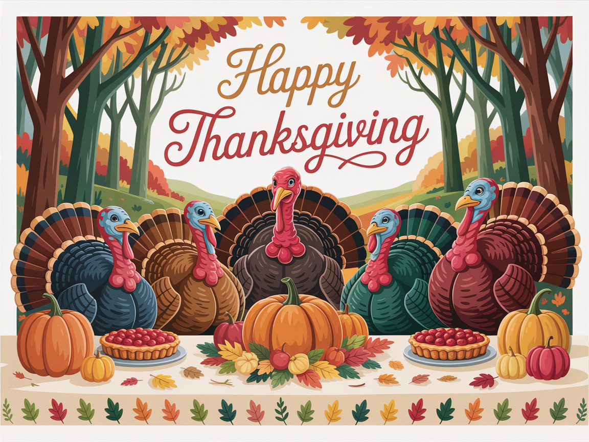 Thanksgiving Scene with Colorful Turkeys and Pies