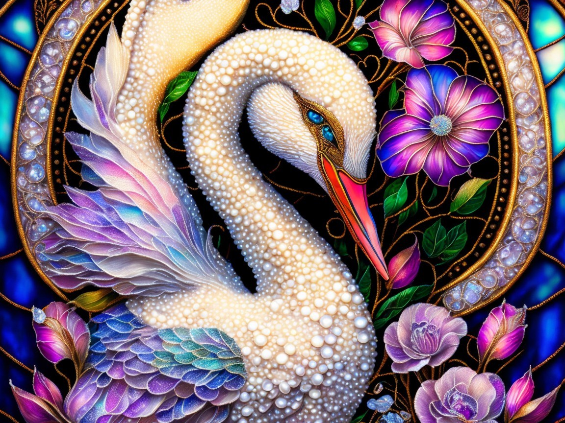 Stylized Swan with Iridescent Feathers and Flowers