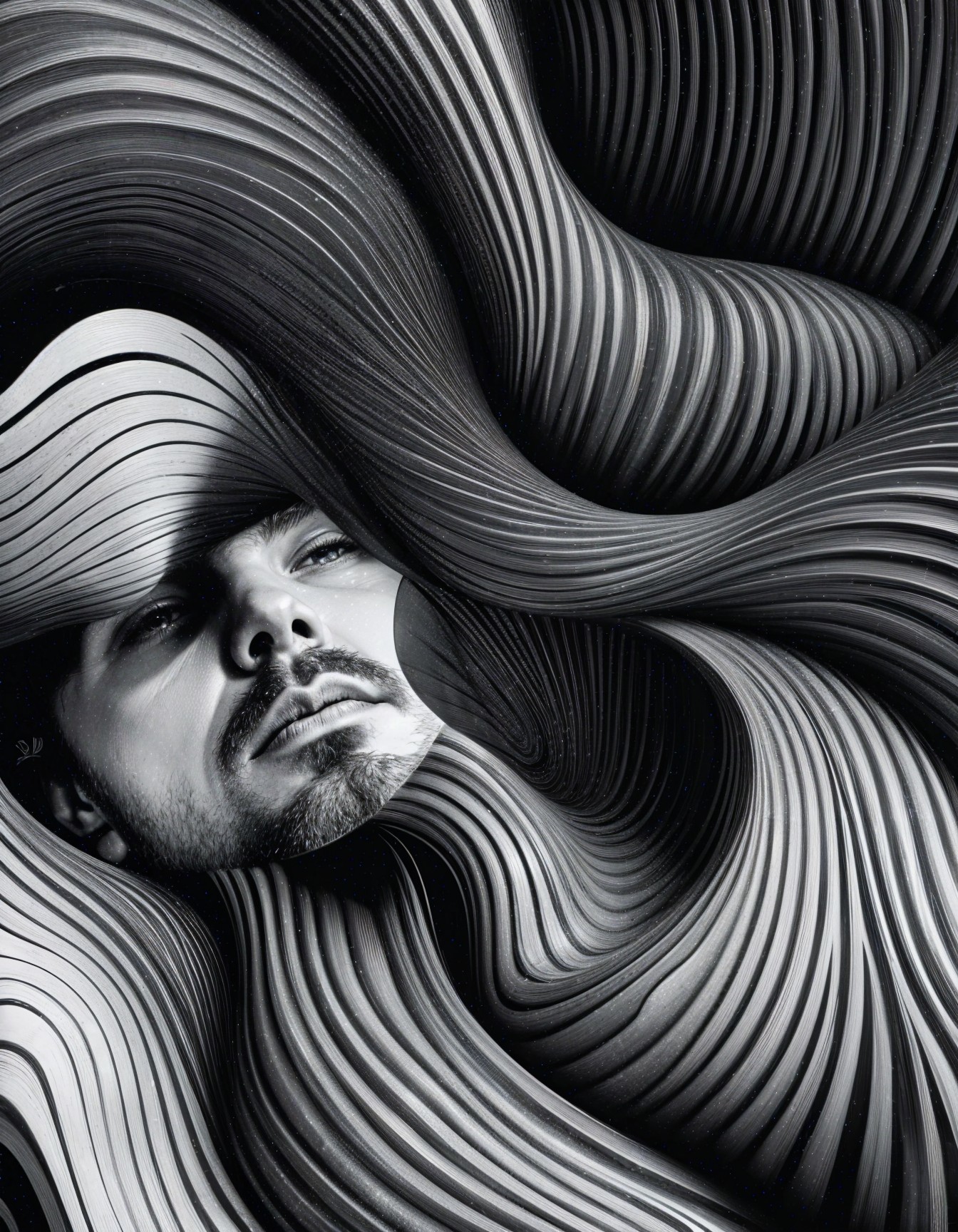 Black-and-White Portrait with Abstract Wavy Patterns