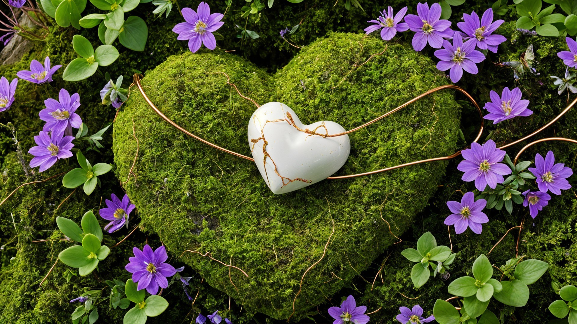 Heart-Shaped Moss Cushion Surrounded by Purple Flowers