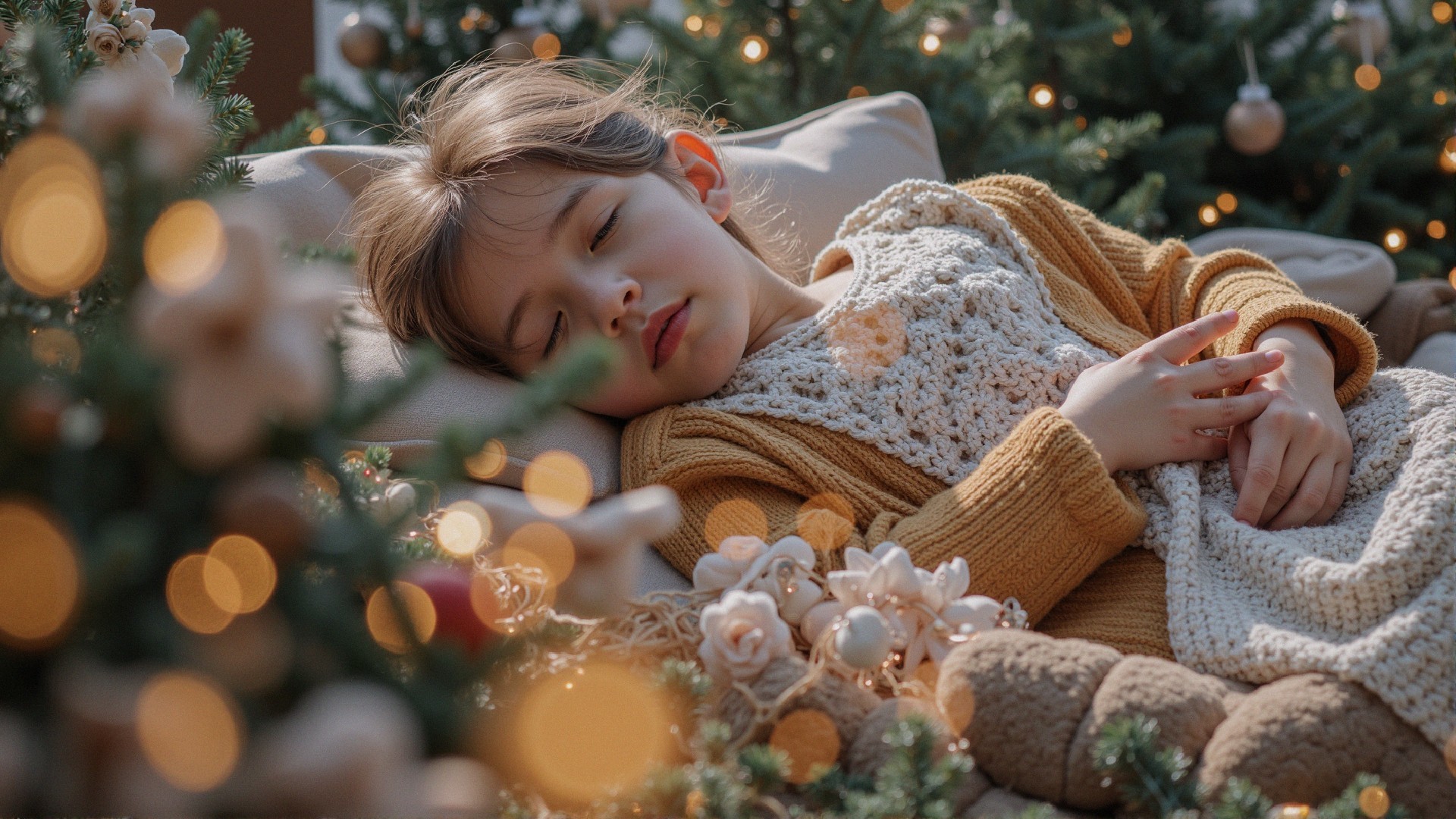 Young girl sleeping in cozy holiday setting