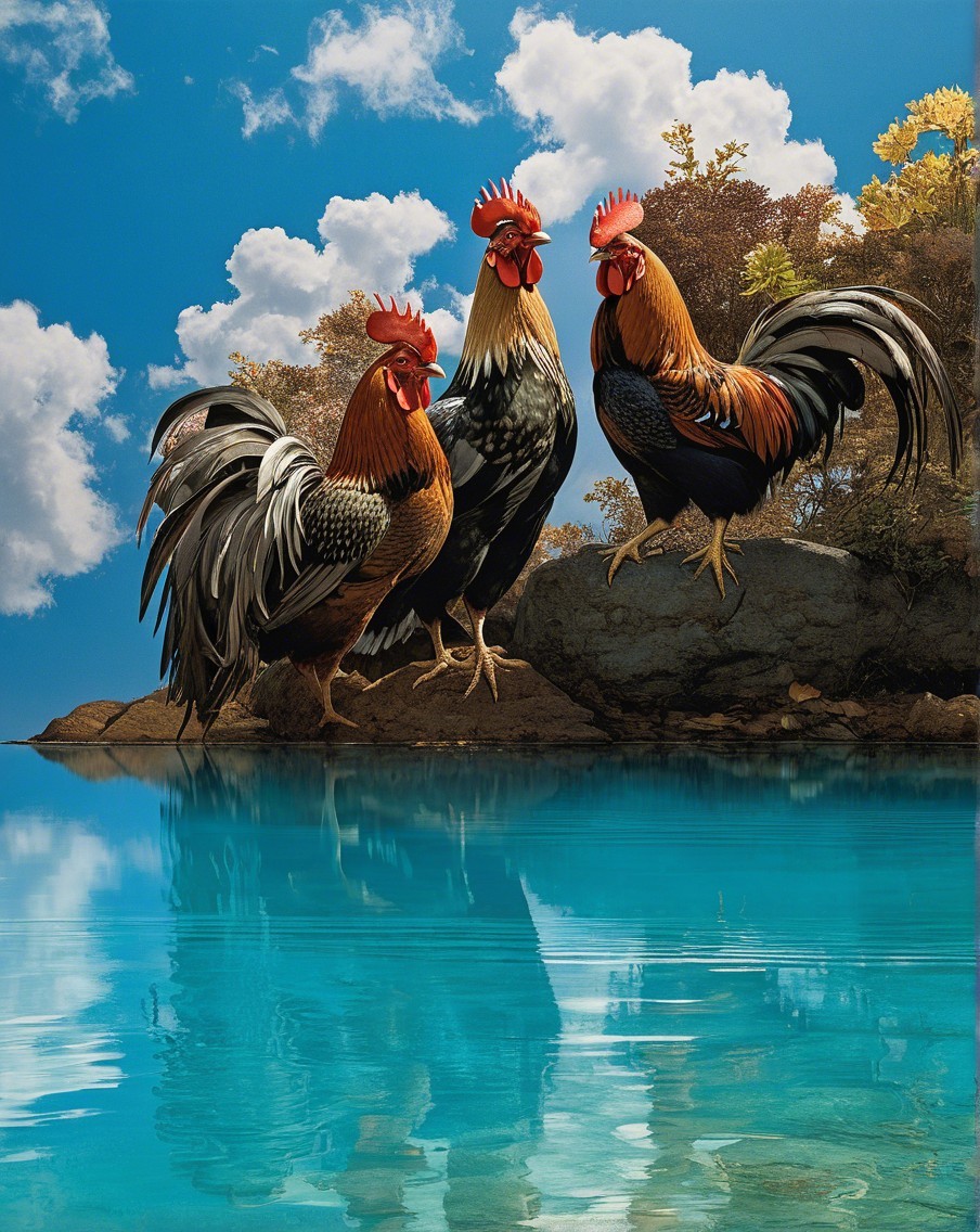 Vibrant Roosters by a Serene Reflective Water Body