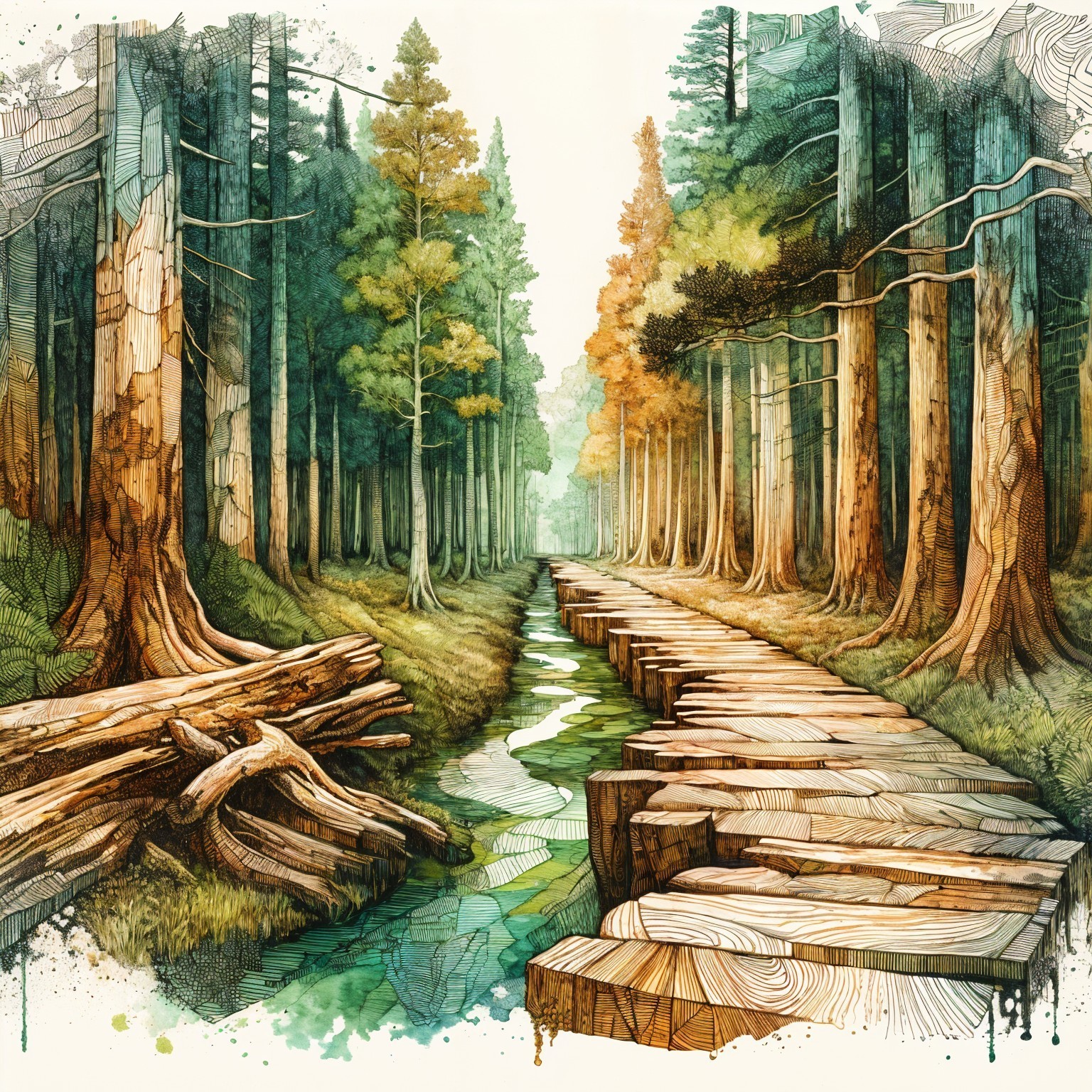 Serene Forest Scene with Vibrant Green and Gold Hues