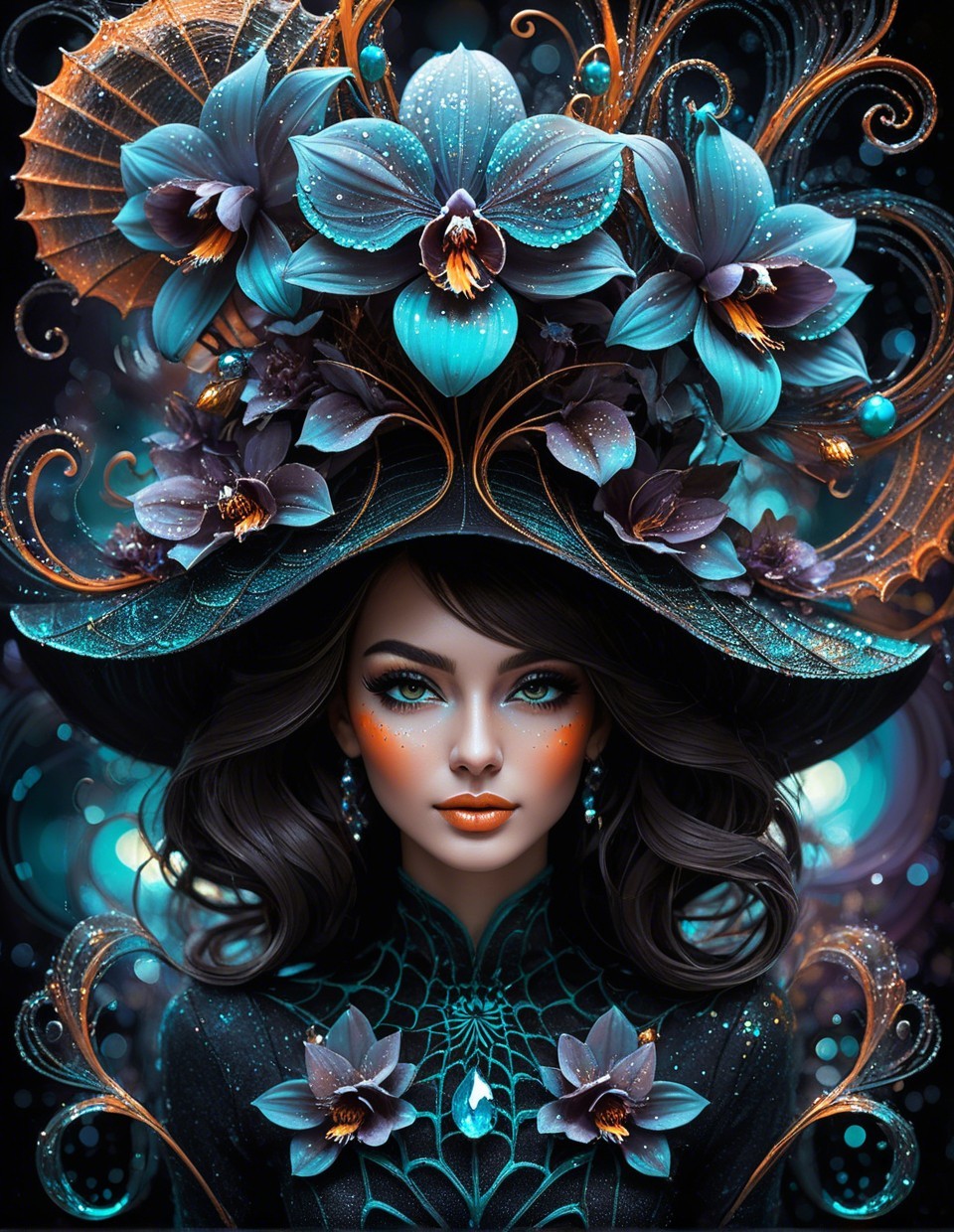Striking Woman with Ornate Hat and Dramatic Makeup
