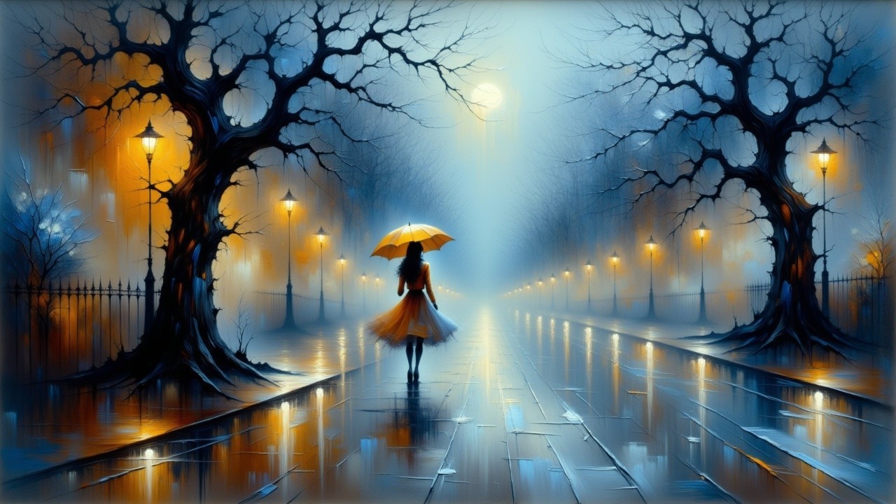 Solitary Figure in Yellow Dress on Rainy Street