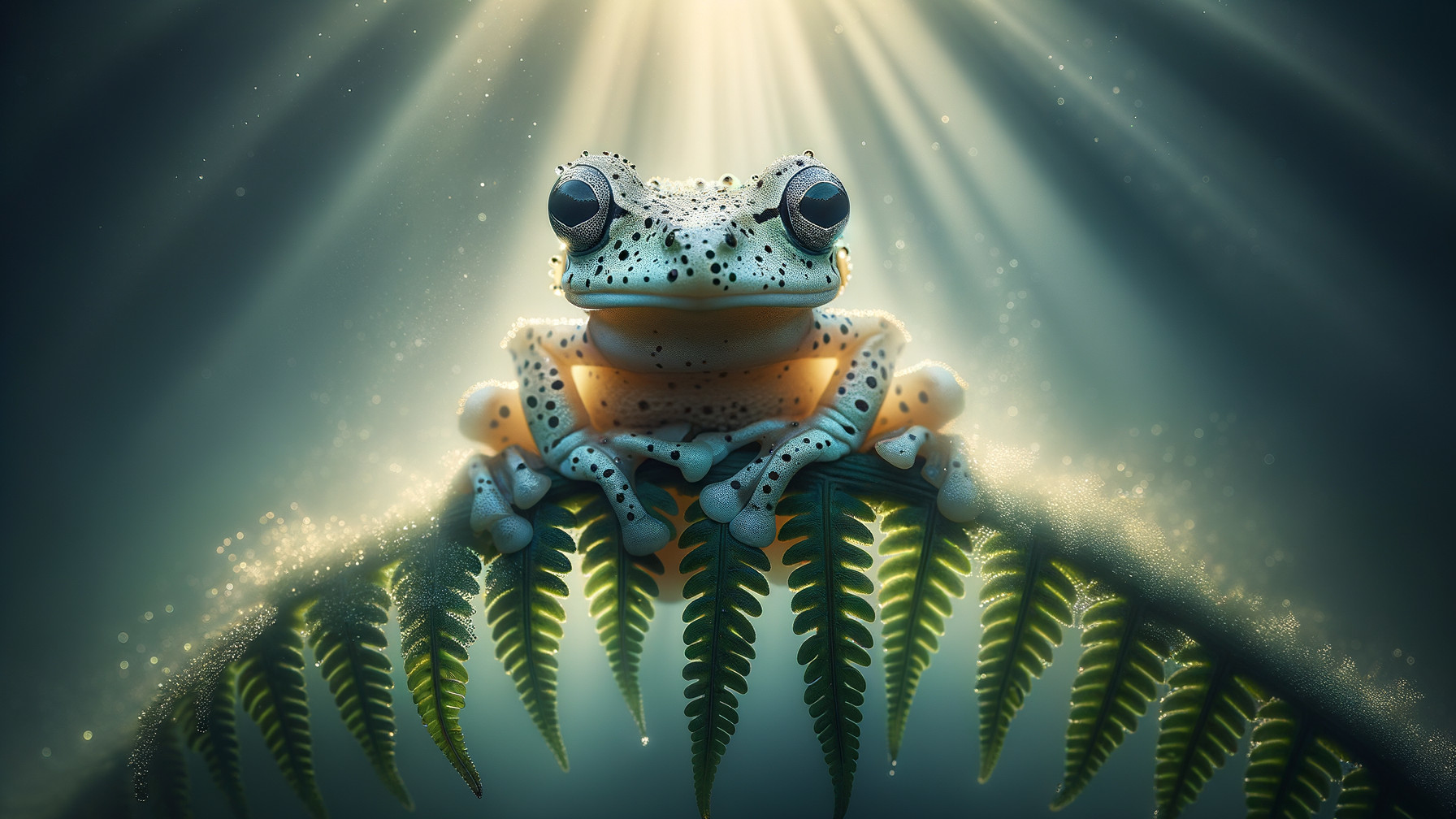 Frog on Fern in Misty Light with Lush Greenery
