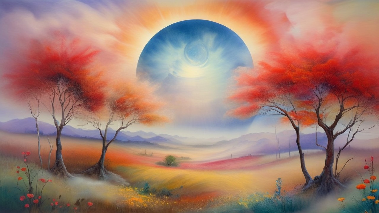 Ethereal Landscape with Glowing Orb and Colorful Foliage