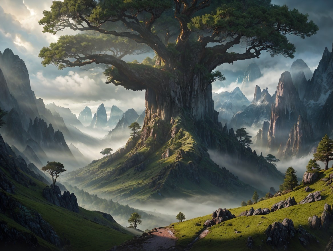 Majestic tree on a green hill with misty mountains