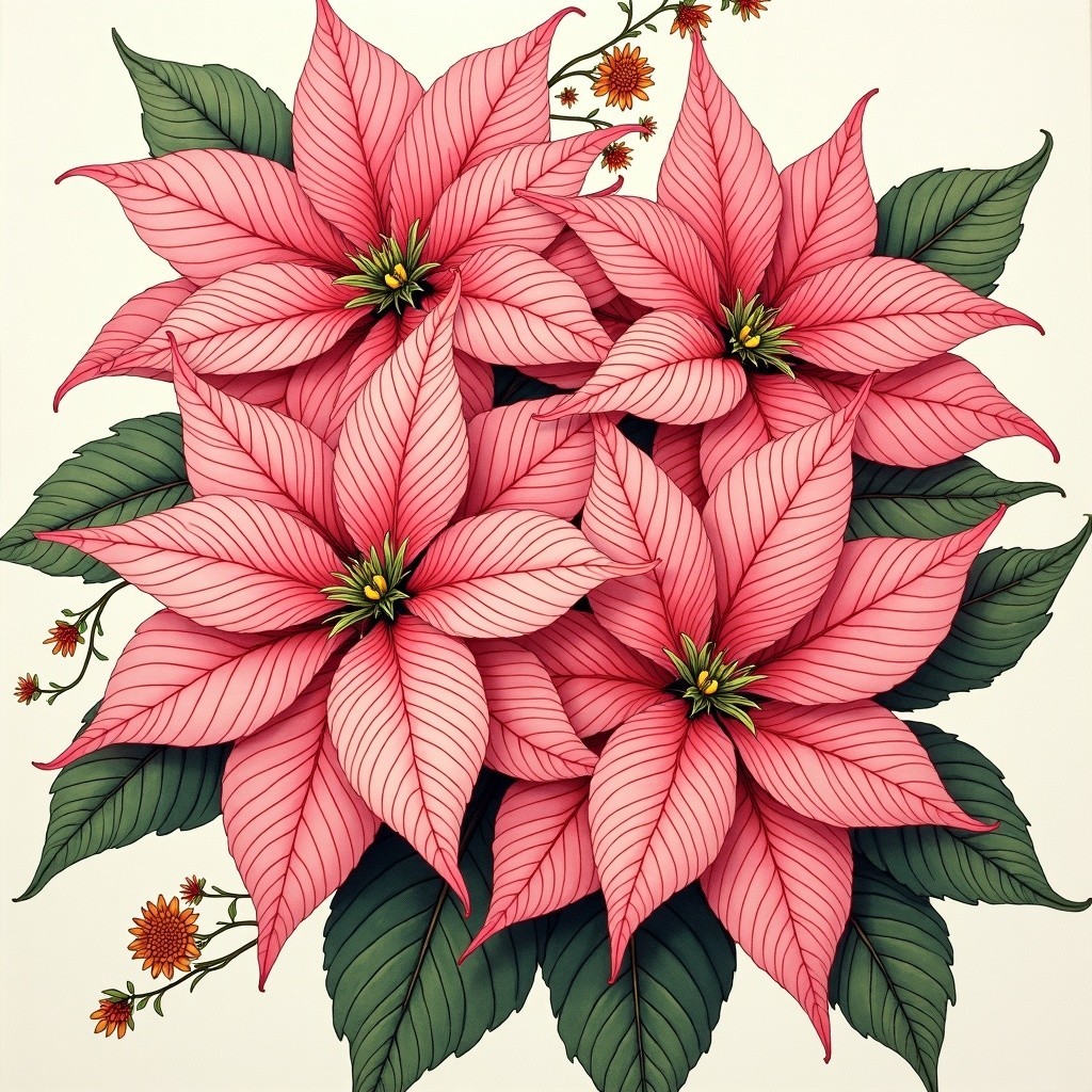 Vibrant Illustration of Pink Poinsettias and Green Leaves
