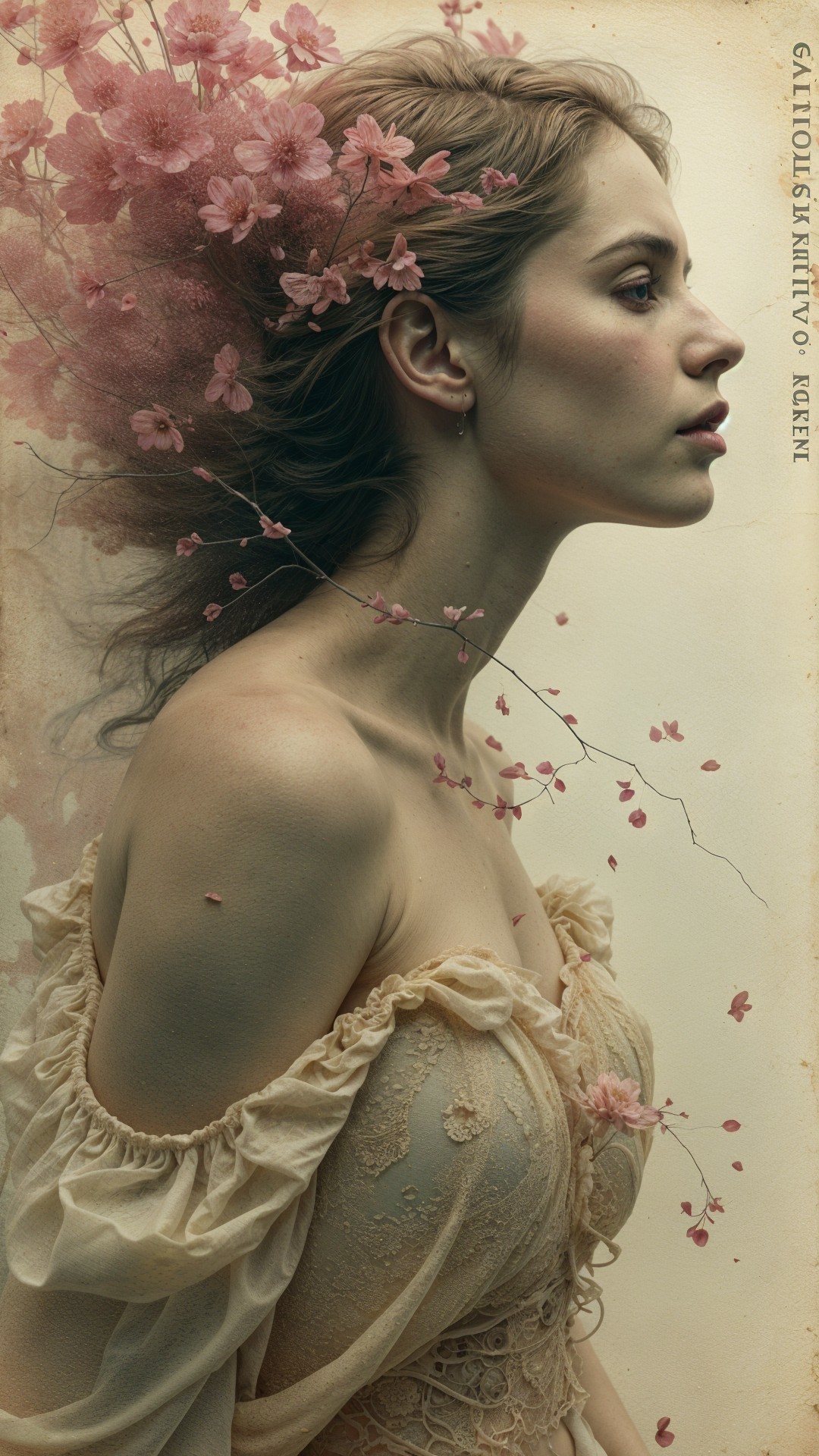 Profile of a woman with flowers in her hair and gown