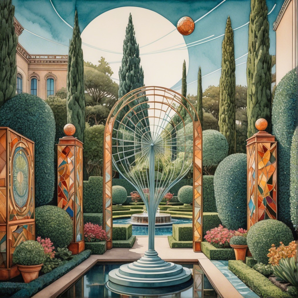 Intricate Garden Scene with Fountain and Floral Design