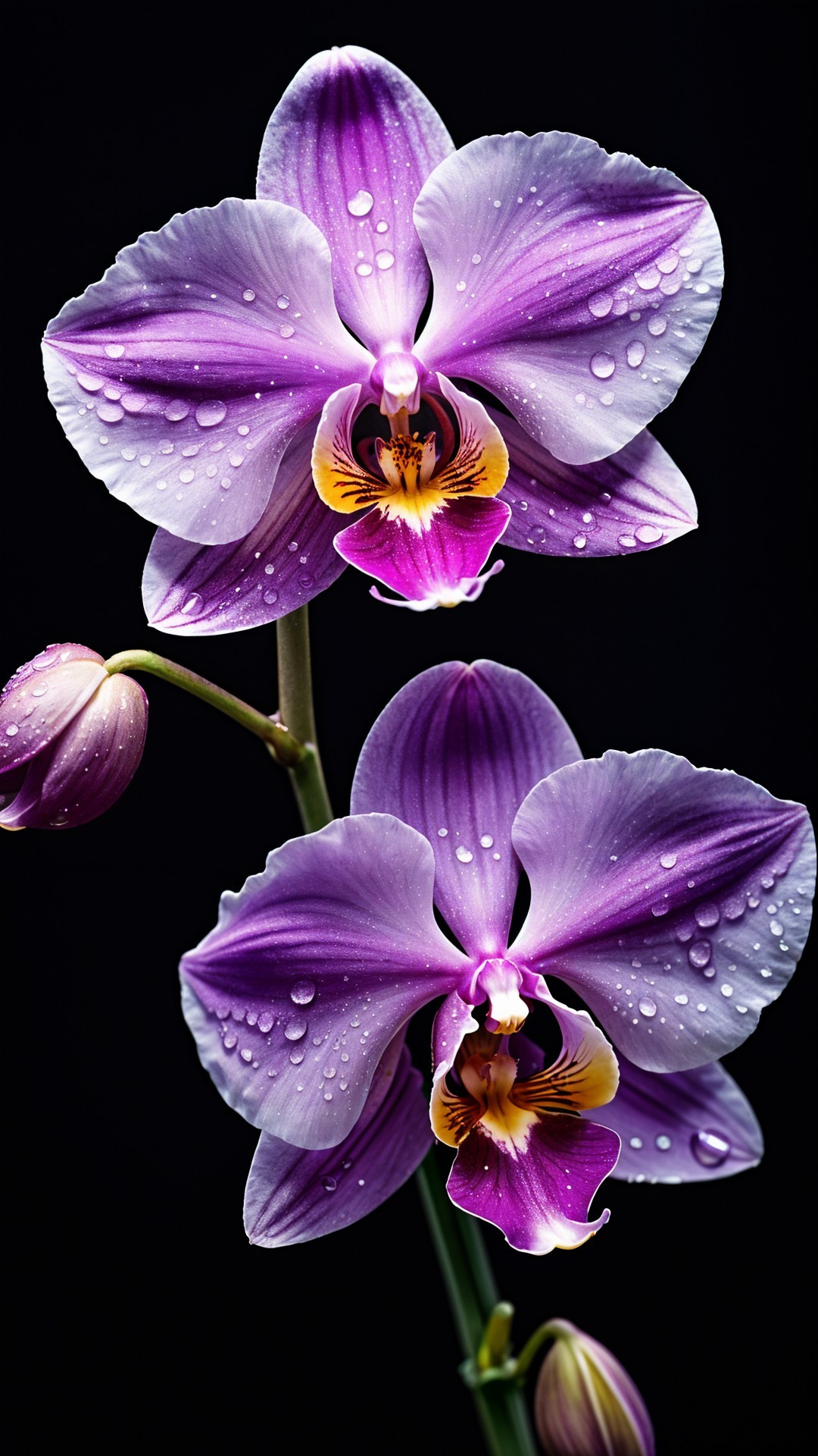 Vibrant Purple Orchids with Water Droplets on Black Background
