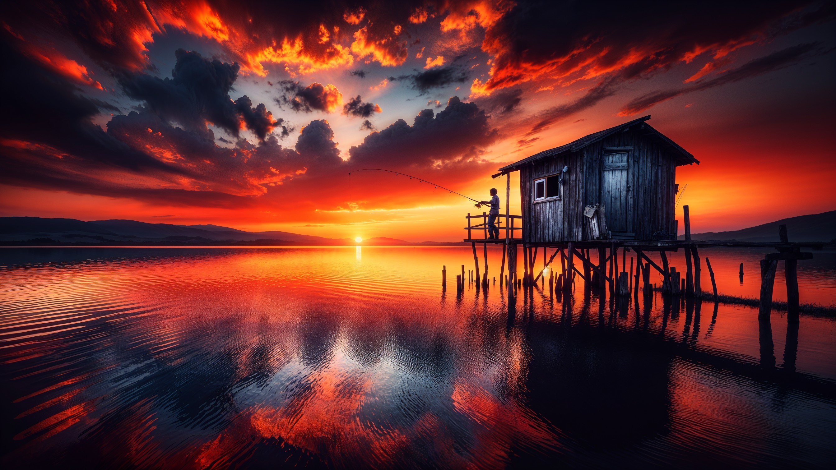 Solitary Fishing Hut at Sunset Over Tranquil Lake