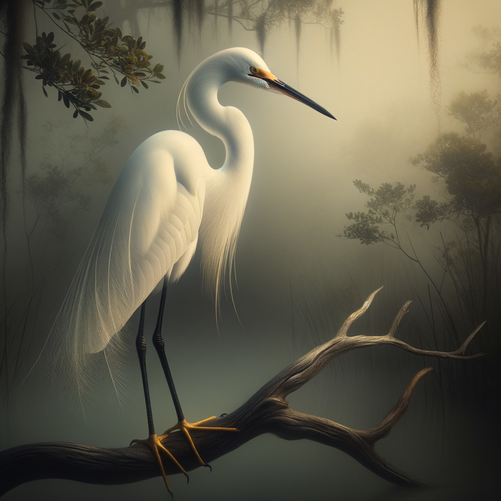 Solitary white egret on moss-covered branch in mist