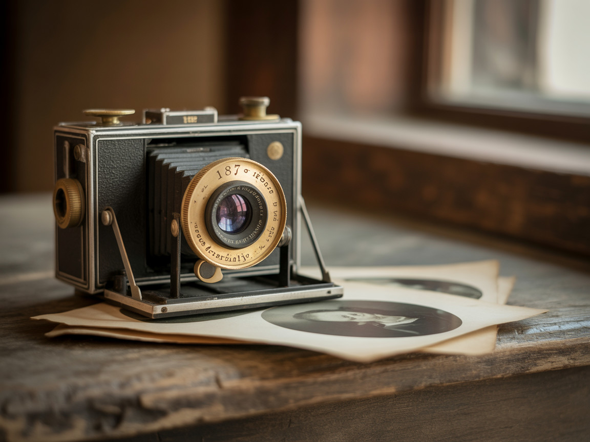 Vintage Camera and Black-and-White Photographs Display