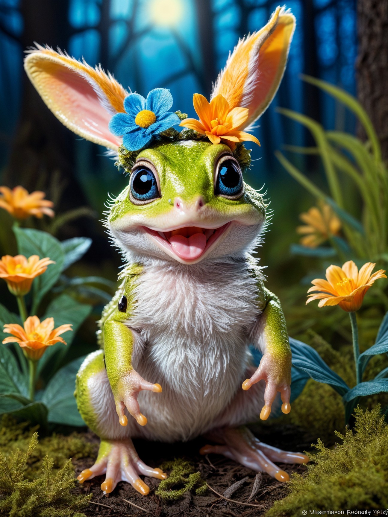 Cheerful Frog in Vibrant Forest with Bunny Ears