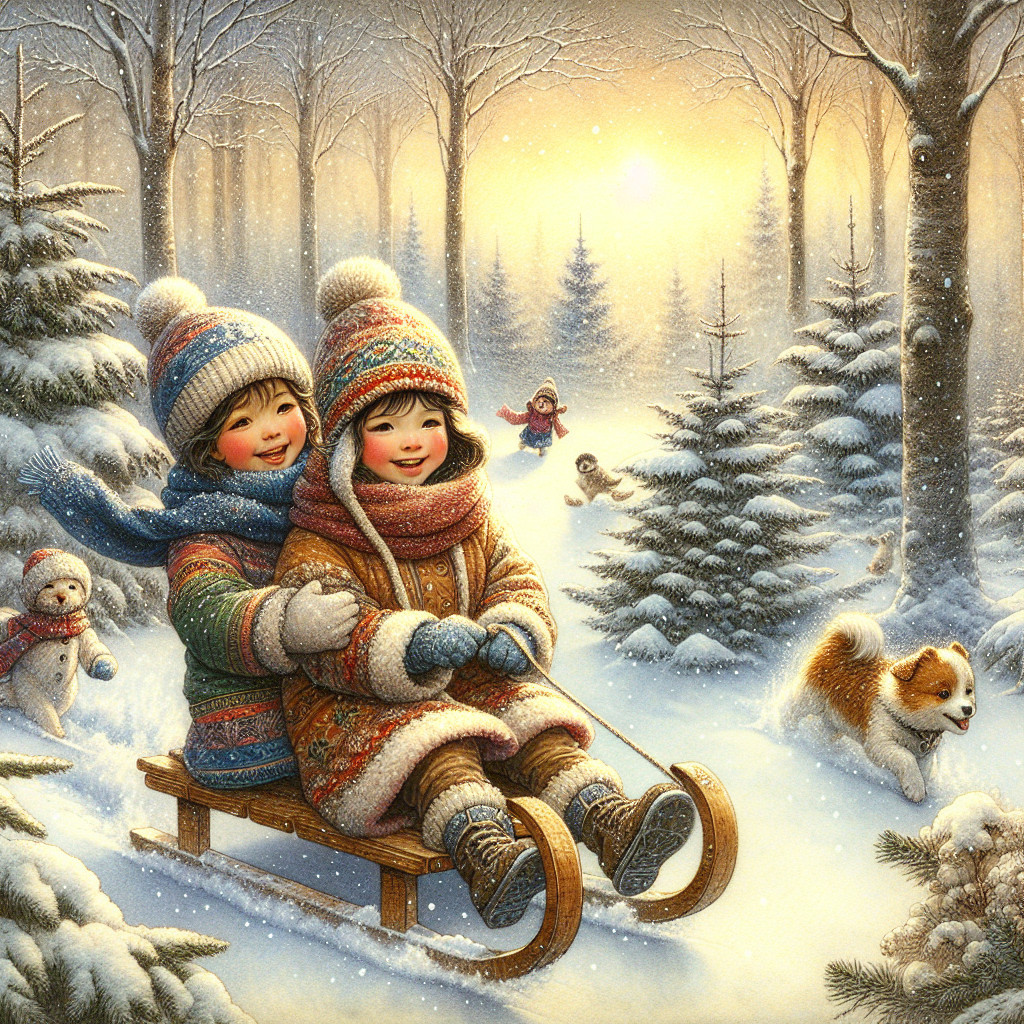 Children on a sled in a snowy winter landscape